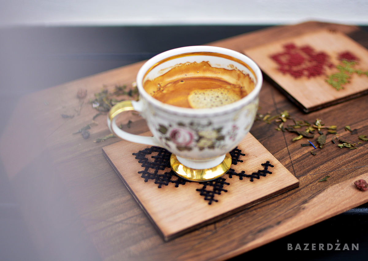 Wooden Drink Coaster with Rose Embroidery - Bazerdzan