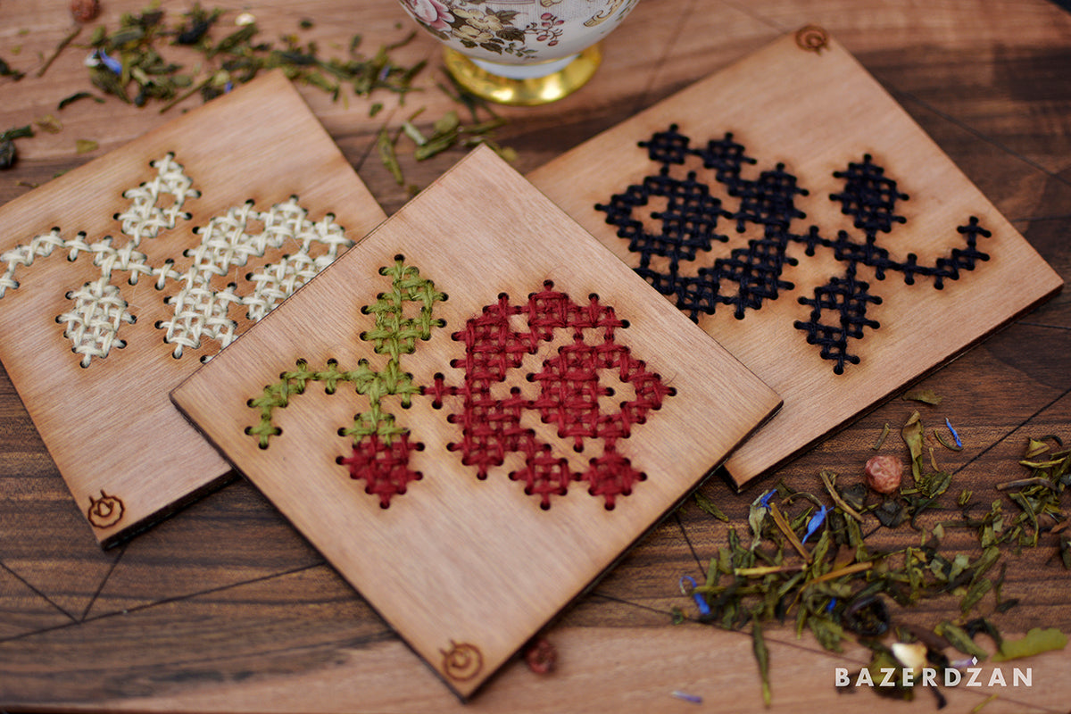 Wooden Drink Coaster with Rose Embroidery - Bazerdzan