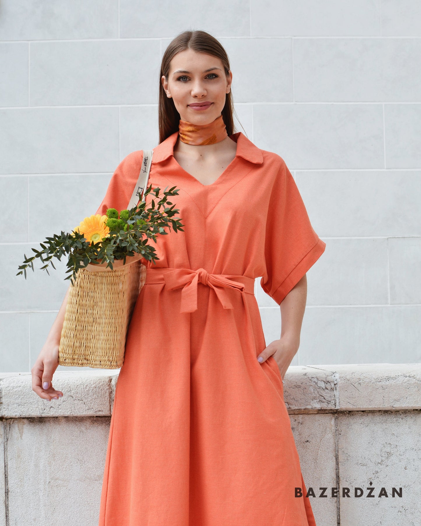 Asymmetric Linen Dress - Coral by Bazerdzan Wear