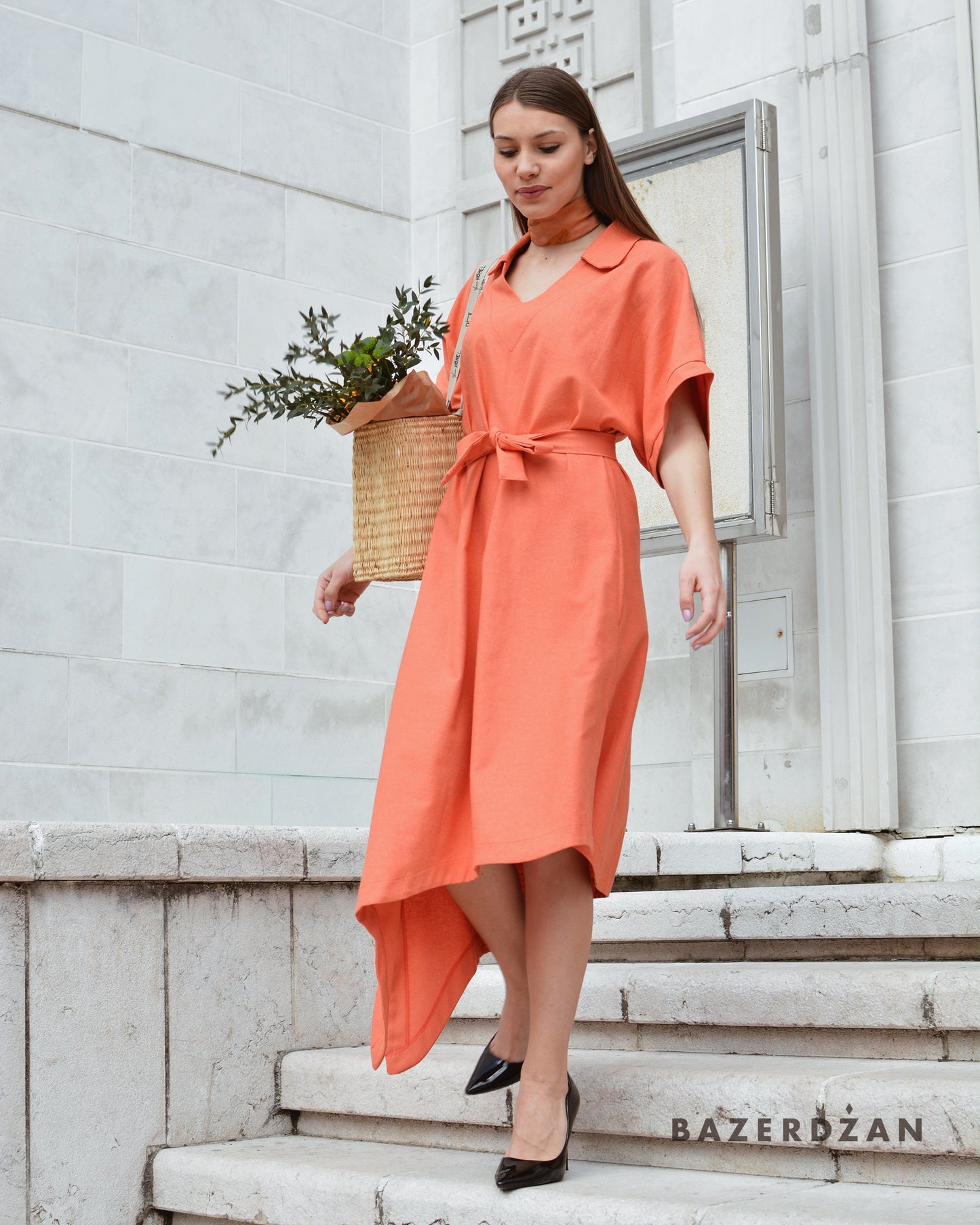 Asymmetric Linen Dress - Coral by Bazerdzan Wear