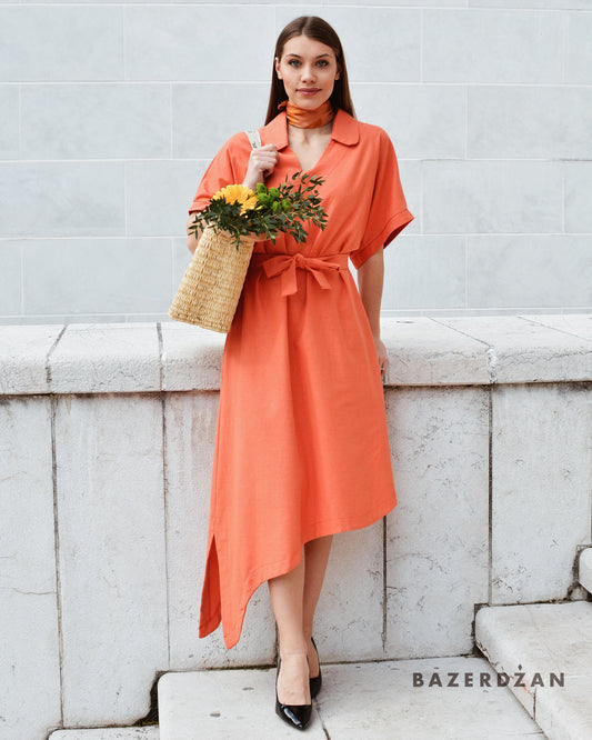 Asymmetric Linen Dress - Coral by Bazerdzan Wear