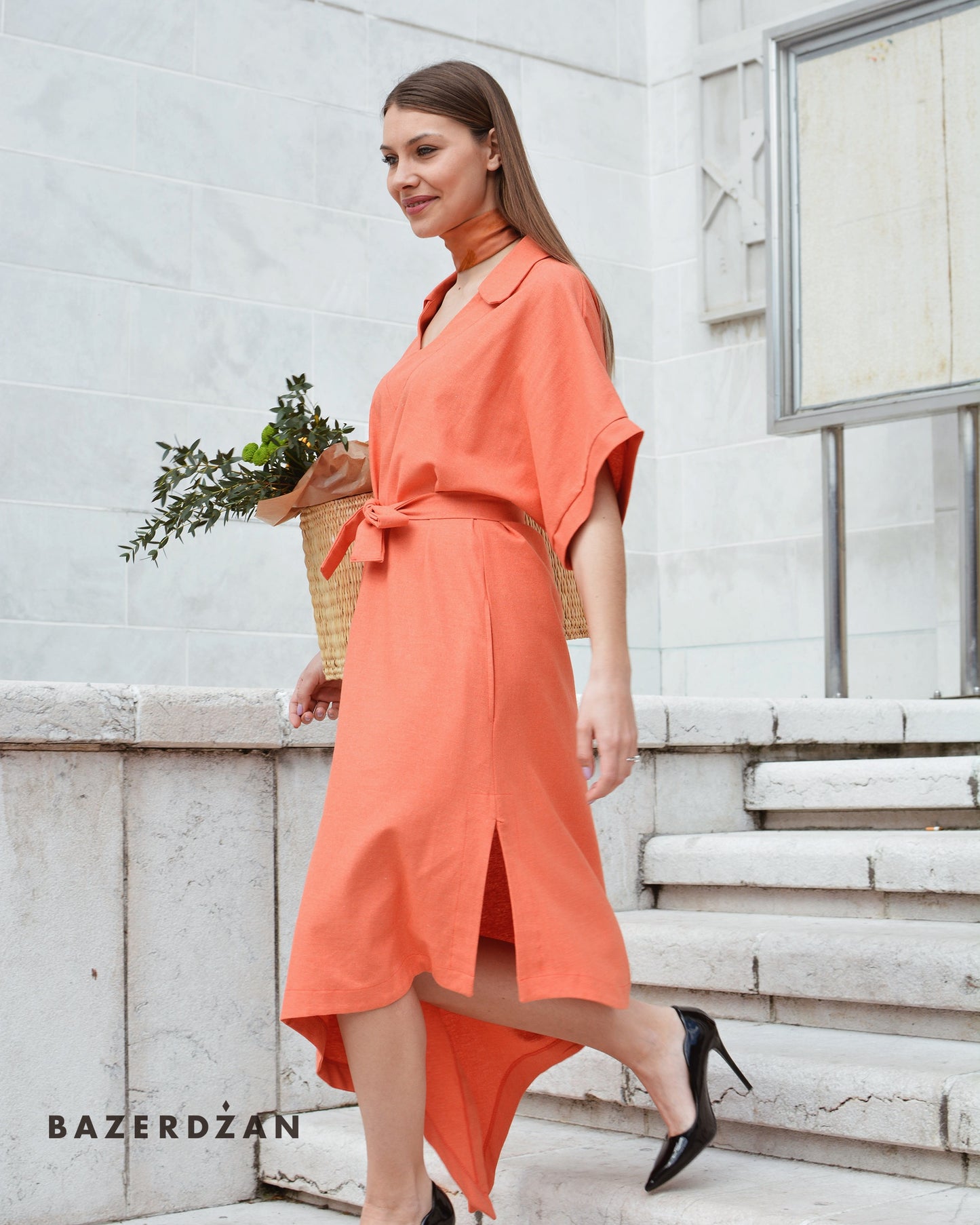 Asymmetric Linen Dress - Coral by Bazerdzan Wear