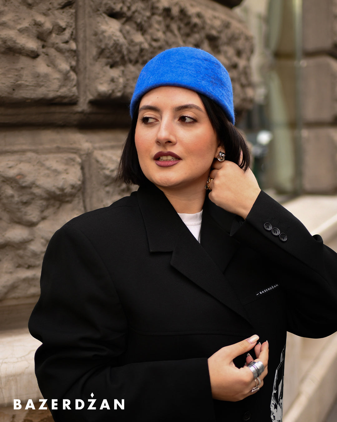 Felted woolen hat in bright blue