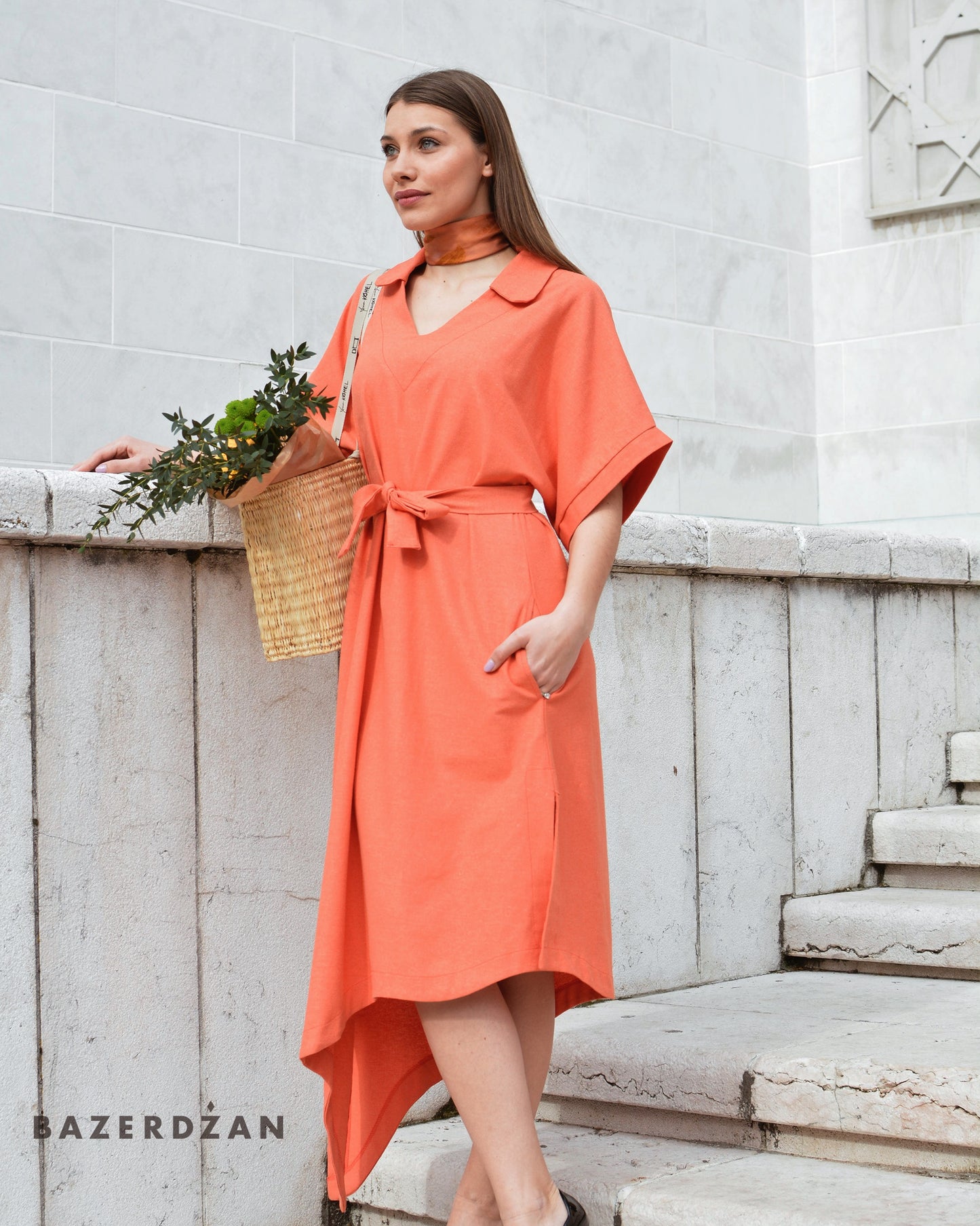 Asymmetric Linen Dress - Coral by Bazerdzan Wear