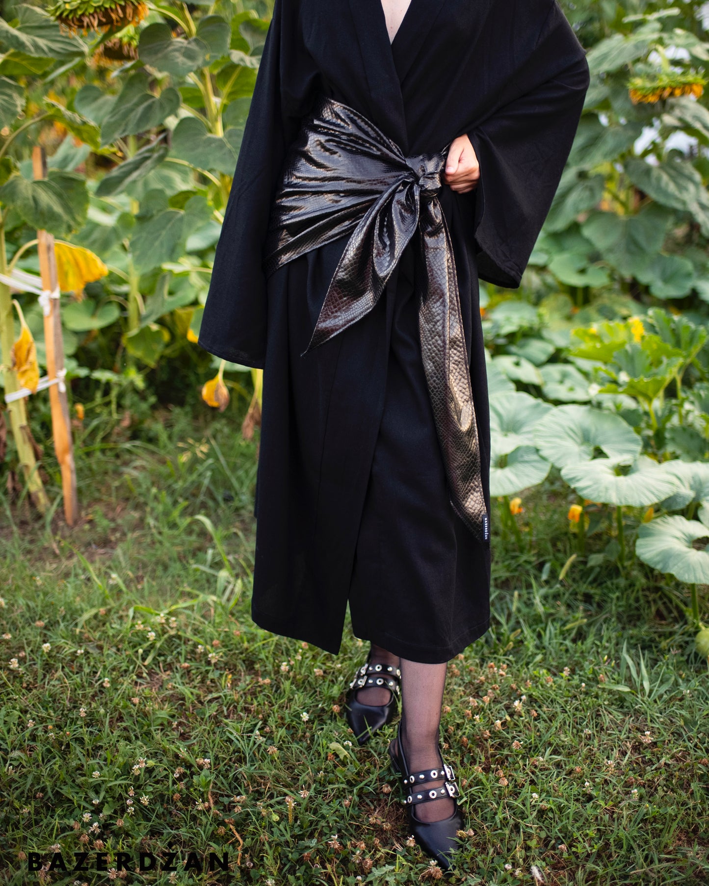Linen Cardigan with Flared Sleeves - Black - Bazerdzan