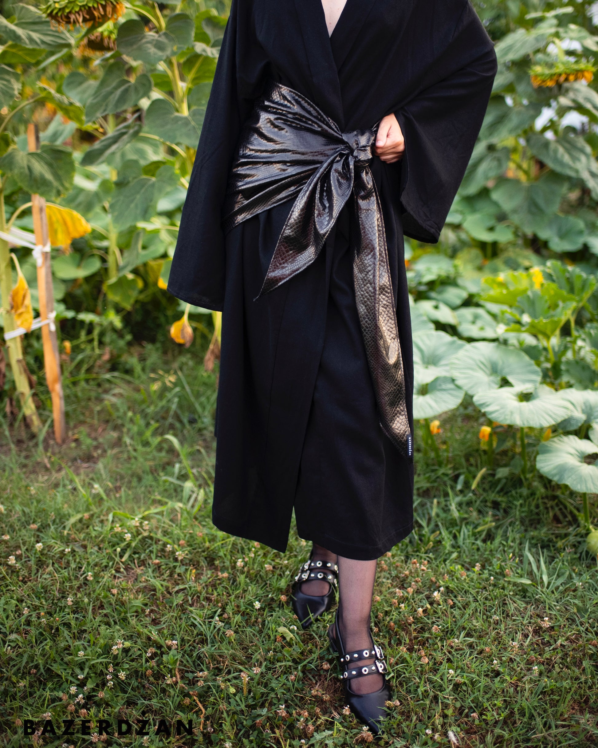 Linen Cardigan with Flared Sleeves - Black - Bazerdzan