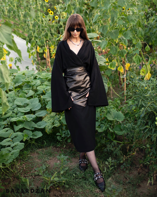 Linen Cardigan with Flared Sleeves - Black - Bazerdzan