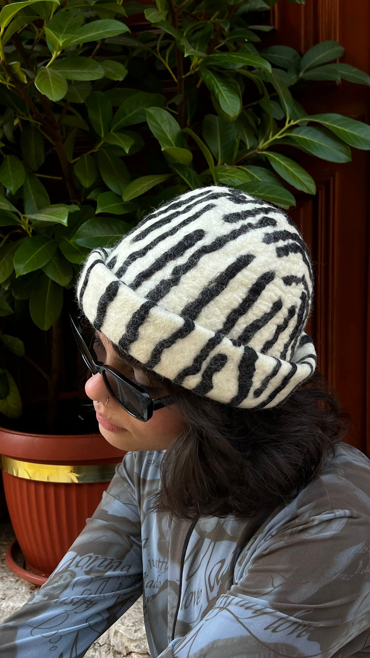 Zebra inspired felted woolen hat - Bazerdzan