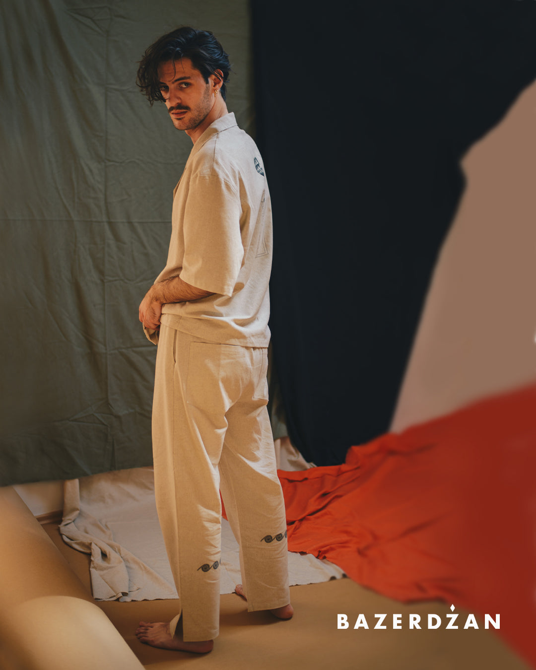 Linen Pants "Butmir One" with printed motif, by Kemil Bekteši x Bazerdžan - beige