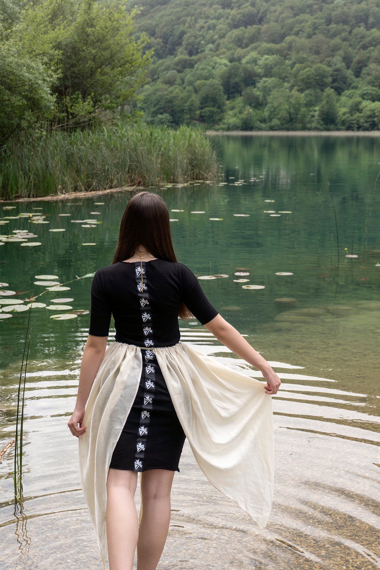 Stretchy cotton midi dress with silk cape - Bazerdzan