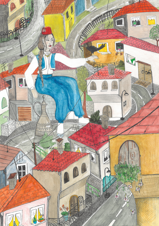 Illustration "Sarajevo Mahala 2" print on aluminum Dibond - by artist Dalila Manso - Bazerdzan