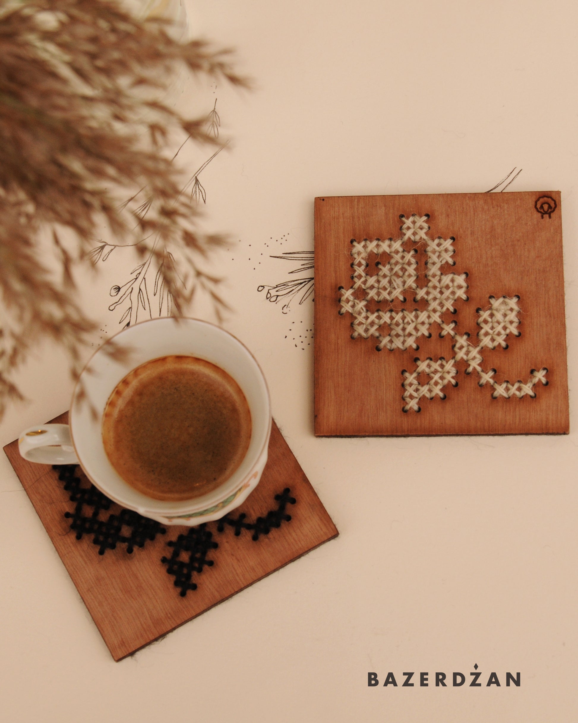 Wooden Drink Coaster with Rose Embroidery - Bazerdzan