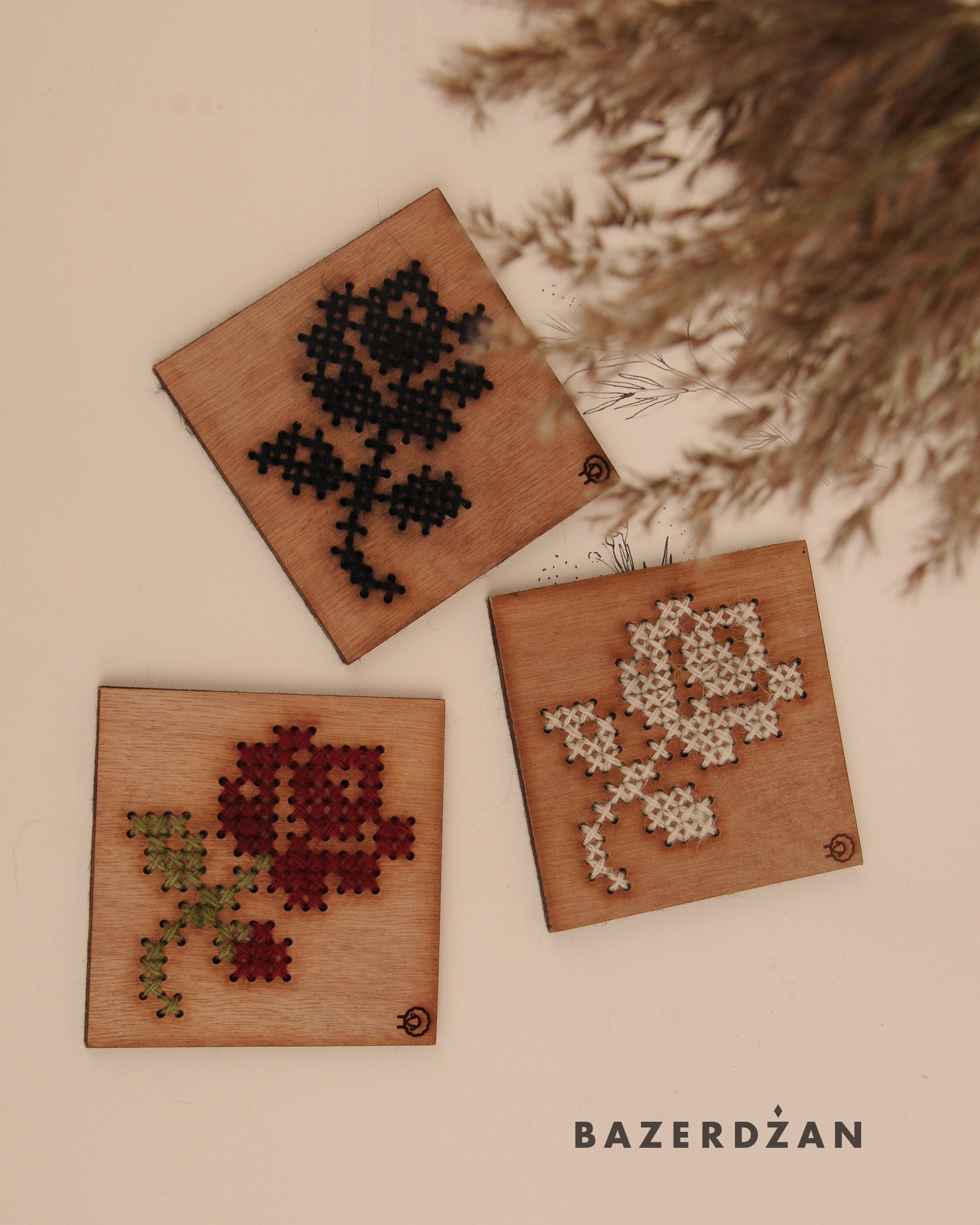 Wooden Drink Coaster with Rose Embroidery - Bazerdzan