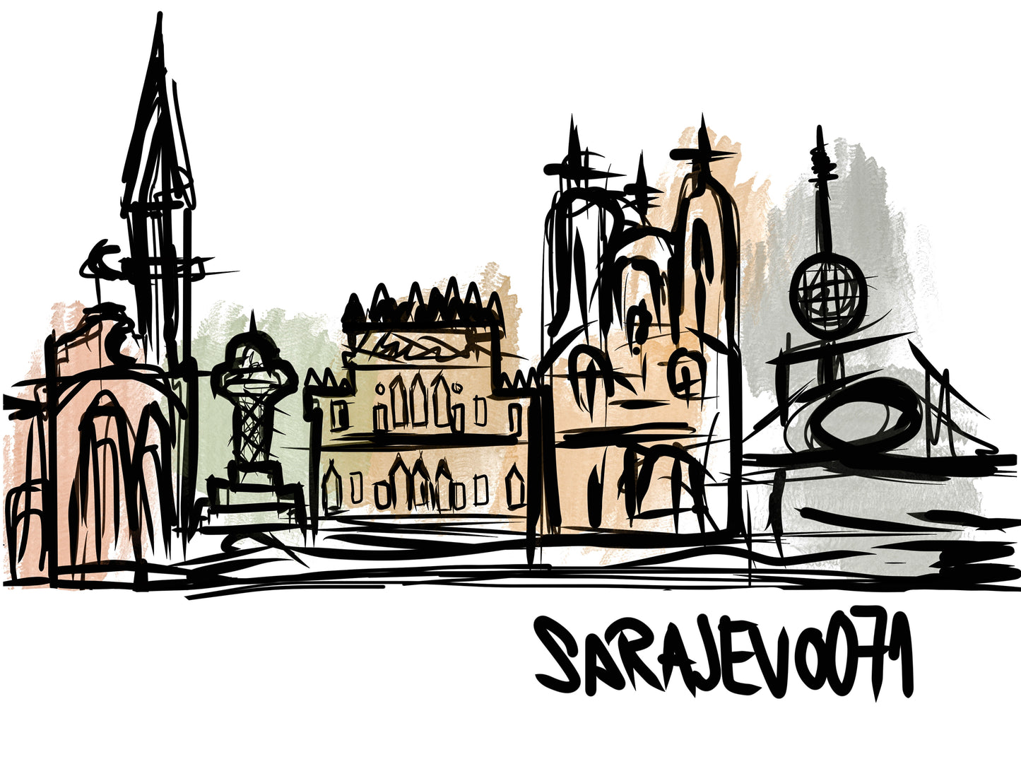 Sarajevo Illustration by Academic Painter Vildana Brkić (without frame) - Bazerdzan