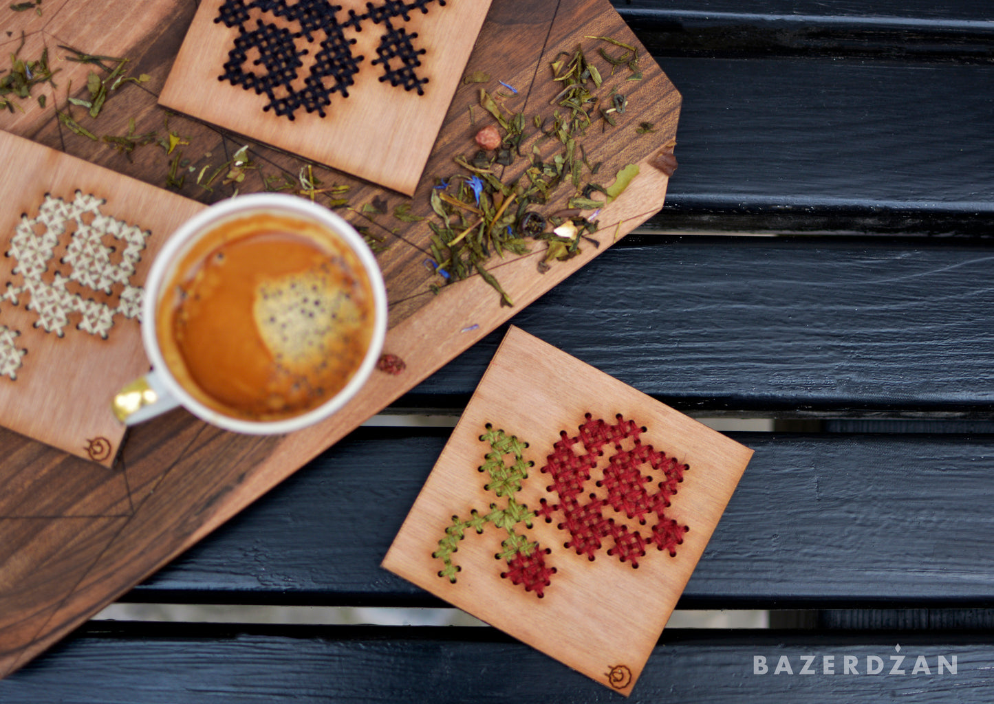 Wooden Drink Coaster with Rose Embroidery - Bazerdzan